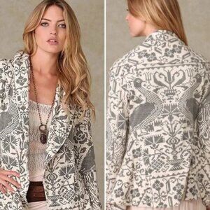 Free People Peacock Cross Stitch Patterned Blazer Jacket Beige and Black - Small